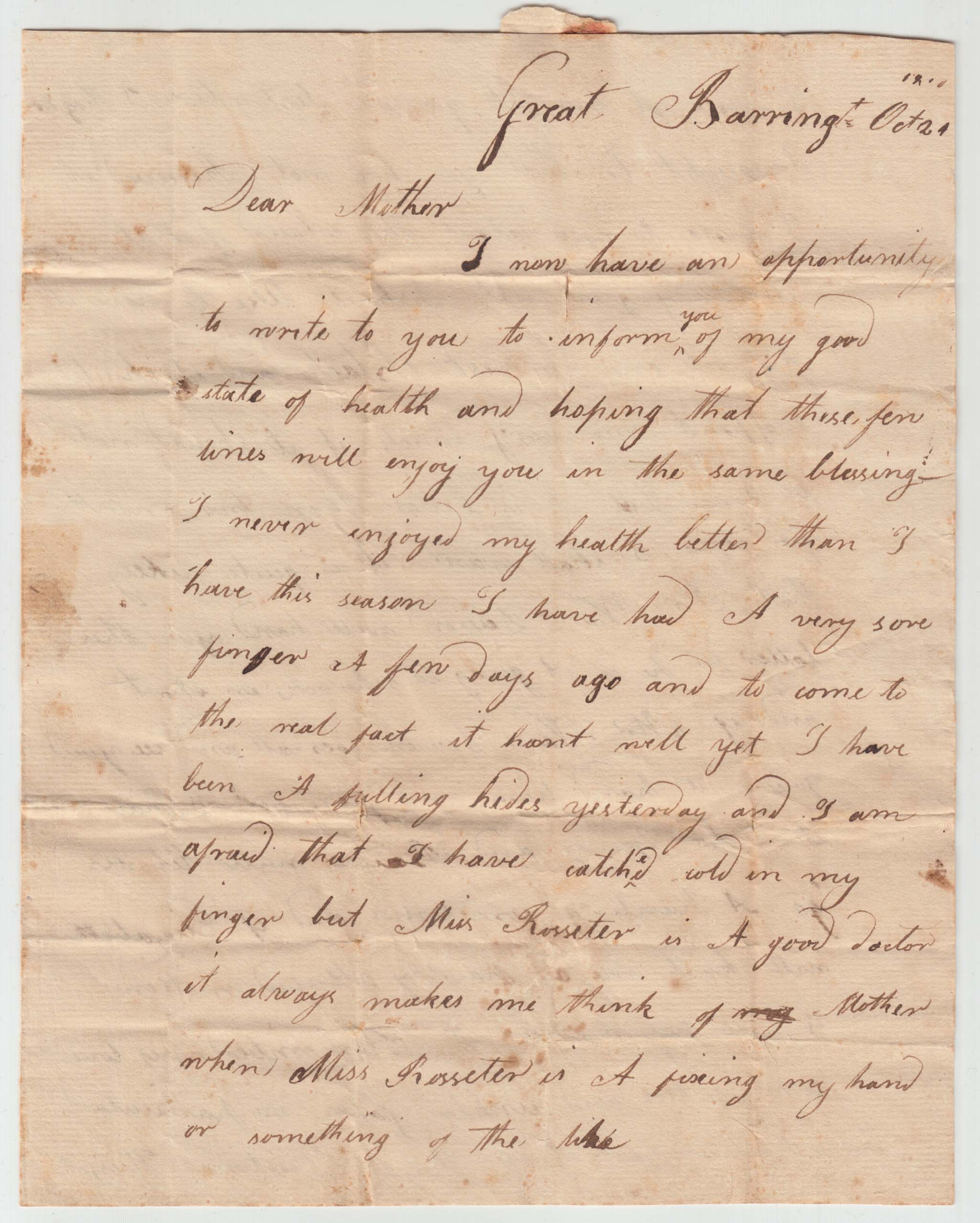 BH034, 1810-10-24 Letter, James Huyck Writes His Mother from Gt Barrigton